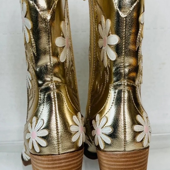 Betsey Johnson Gold Western Ankle Boots with Pink Daisy Accents - Picture 3 of 7